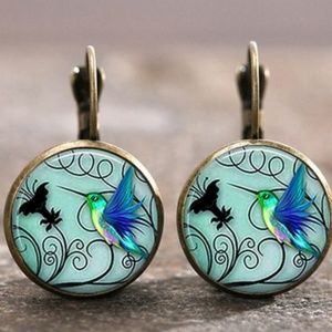 Cabochon Blue Humming  Bird  Earrings New